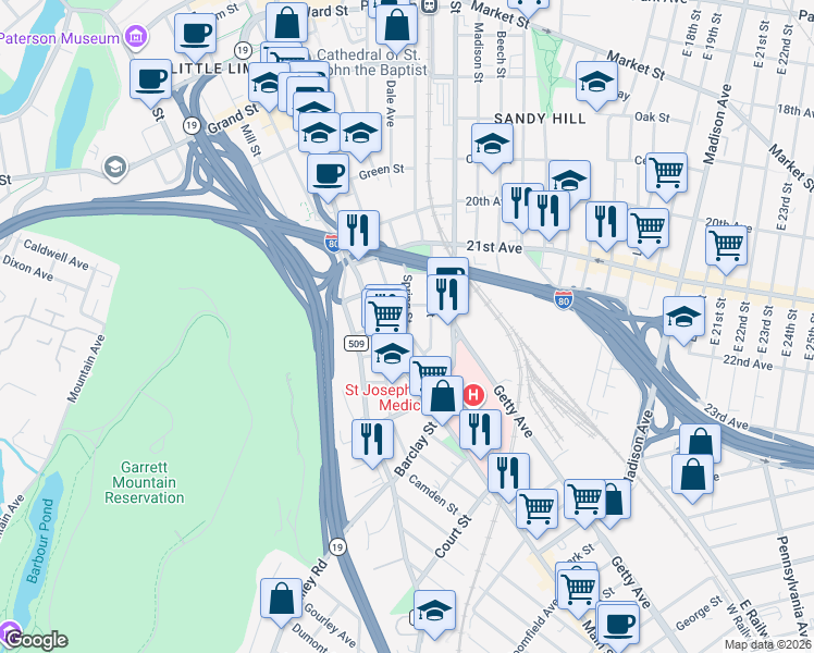 map of restaurants, bars, coffee shops, grocery stores, and more near 239 Spring Street in Paterson