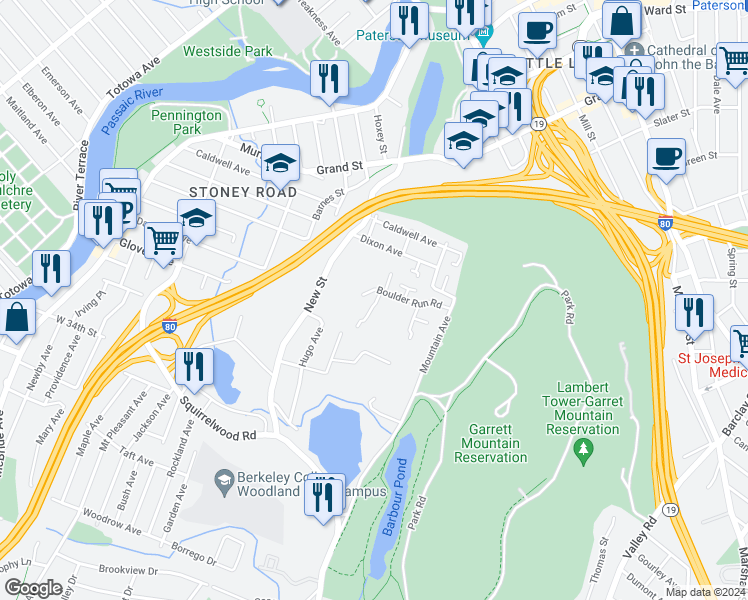 map of restaurants, bars, coffee shops, grocery stores, and more near 21 Amethyst Lane in Paterson