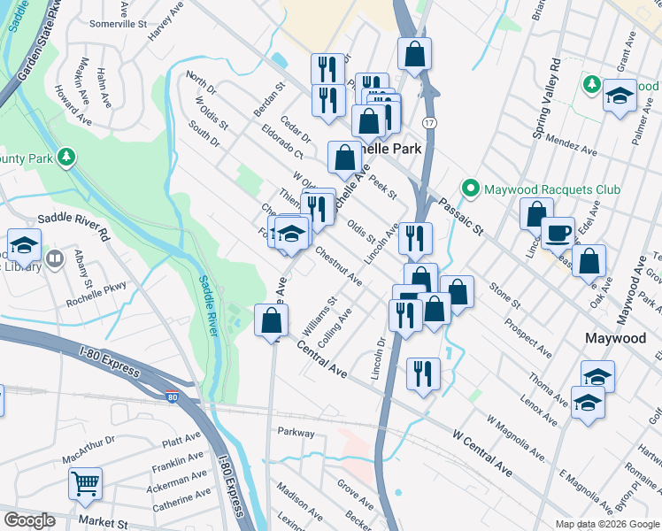 map of restaurants, bars, coffee shops, grocery stores, and more near 33 Chestnut Avenue in Rochelle Park