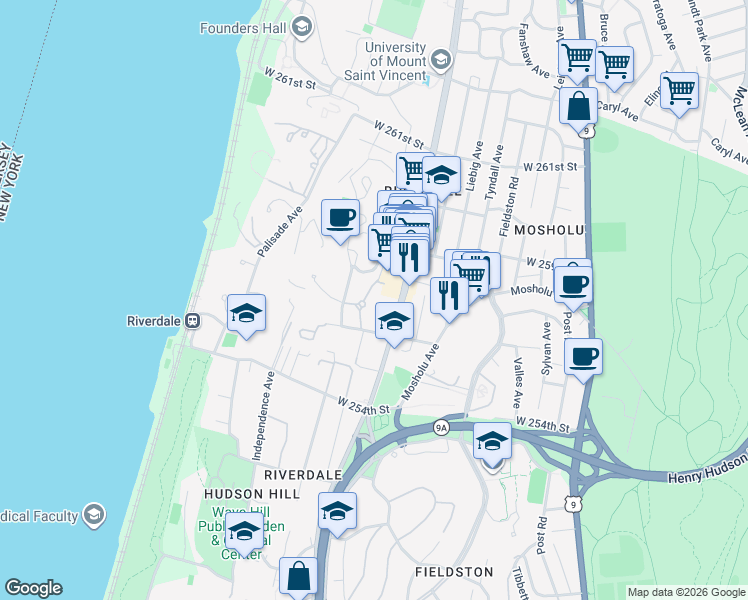 map of restaurants, bars, coffee shops, grocery stores, and more near 5601 Riverdale Avenue in Bronx