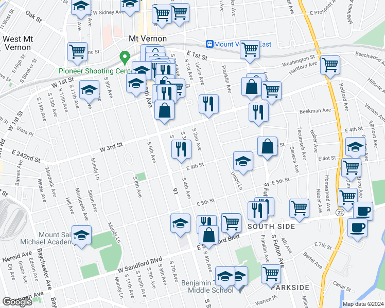 map of restaurants, bars, coffee shops, grocery stores, and more near 255 South 3rd Avenue in Mount Vernon