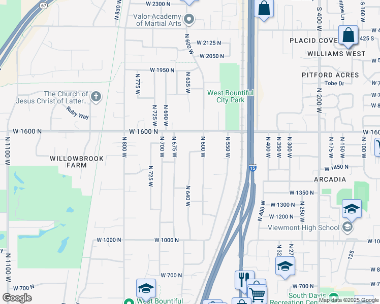 map of restaurants, bars, coffee shops, grocery stores, and more near 1505 North 640 West in West Bountiful