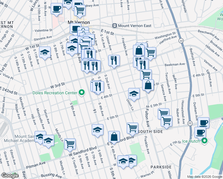 map of restaurants, bars, coffee shops, grocery stores, and more near 260 South 2nd Avenue in Mount Vernon