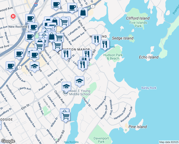 map of restaurants, bars, coffee shops, grocery stores, and more near 100 Pelham Road in New Rochelle