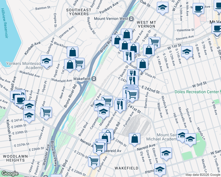 map of restaurants, bars, coffee shops, grocery stores, and more near 4718 Carpenter Avenue in Bronx
