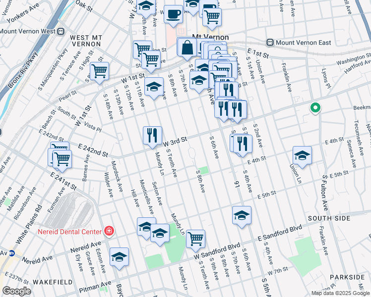 map of restaurants, bars, coffee shops, grocery stores, and more near 215 South 9th Avenue in Mount Vernon