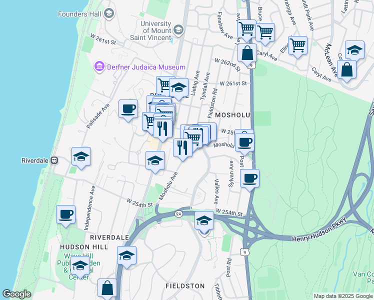 map of restaurants, bars, coffee shops, grocery stores, and more near 5641 Mosholu Avenue in Bronx