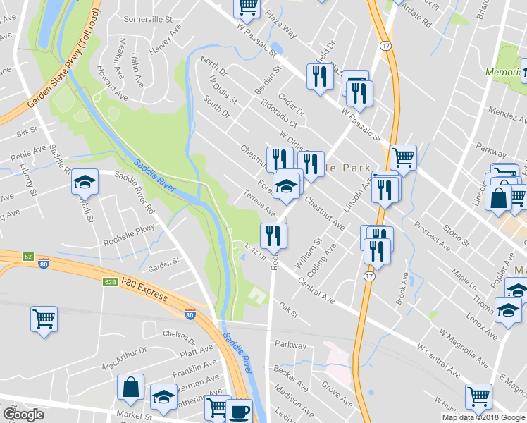 map of restaurants, bars, coffee shops, grocery stores, and more near 23 Terrace Avenue in Rochelle Park