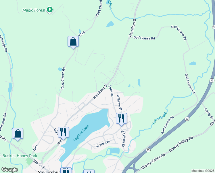 map of restaurants, bars, coffee shops, grocery stores, and more near 5280 Hamilton South in Saylorsburg