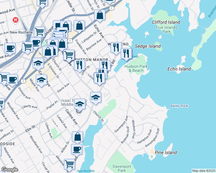 map of restaurants, bars, coffee shops, grocery stores, and more near 100 Pelham Road in New Rochelle