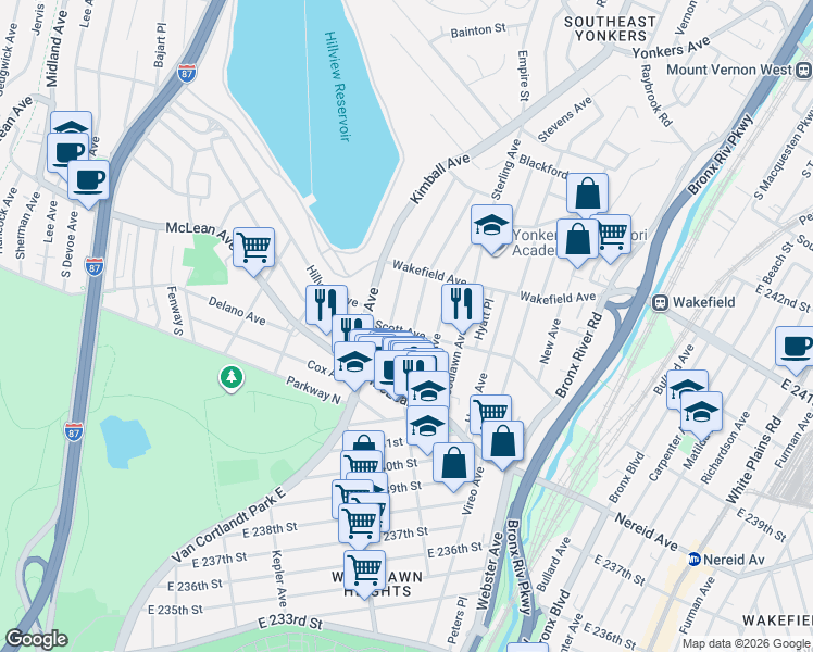 map of restaurants, bars, coffee shops, grocery stores, and more near 45 Glover Avenue in Yonkers