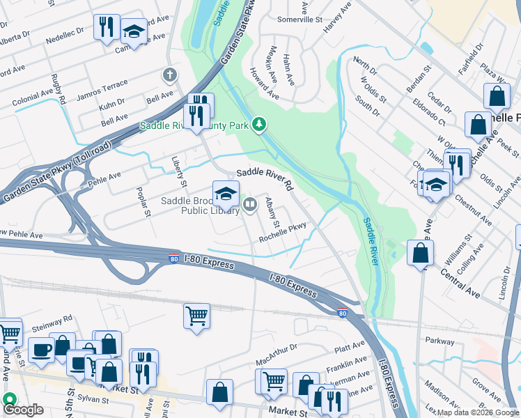 map of restaurants, bars, coffee shops, grocery stores, and more near 332 Congress Street in Saddle Brook