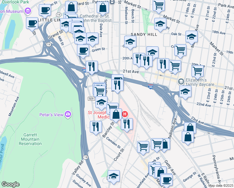 map of restaurants, bars, coffee shops, grocery stores, and more near 41 Getty Avenue in Paterson