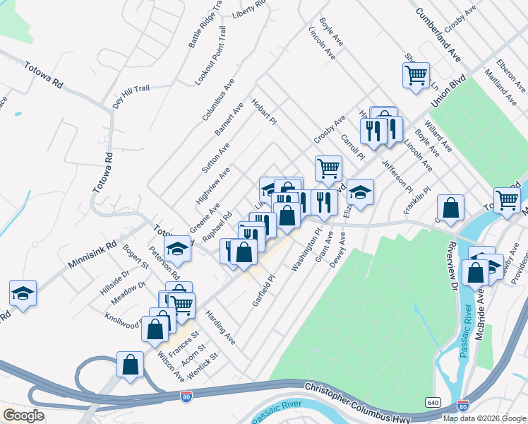 map of restaurants, bars, coffee shops, grocery stores, and more near 32 Saint James Place in Totowa
