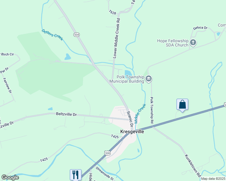 map of restaurants, bars, coffee shops, grocery stores, and more near 169 Scenic Drive in Kunkletown