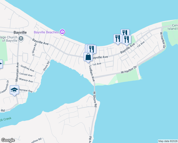 map of restaurants, bars, coffee shops, grocery stores, and more near 34 Ludlam Avenue in Bayville