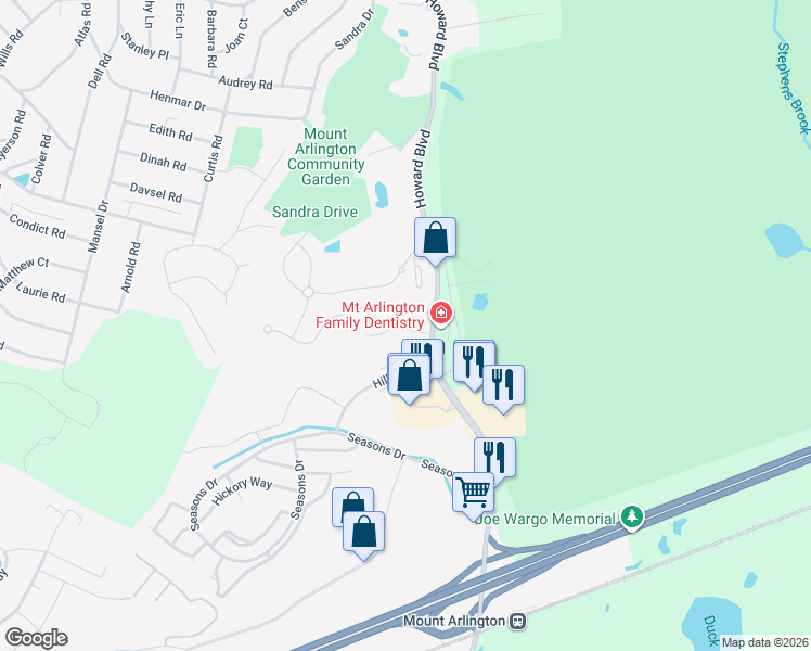 map of restaurants, bars, coffee shops, grocery stores, and more near 1 Zachary Way in Mount Arlington