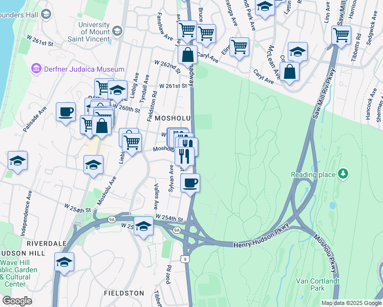 map of restaurants, bars, coffee shops, grocery stores, and more near David Sheridan Plaza in Bronx