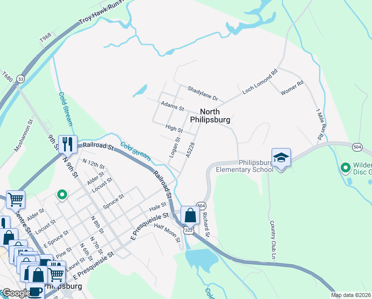 map of restaurants, bars, coffee shops, grocery stores, and more near 155 A5228 in Philipsburg