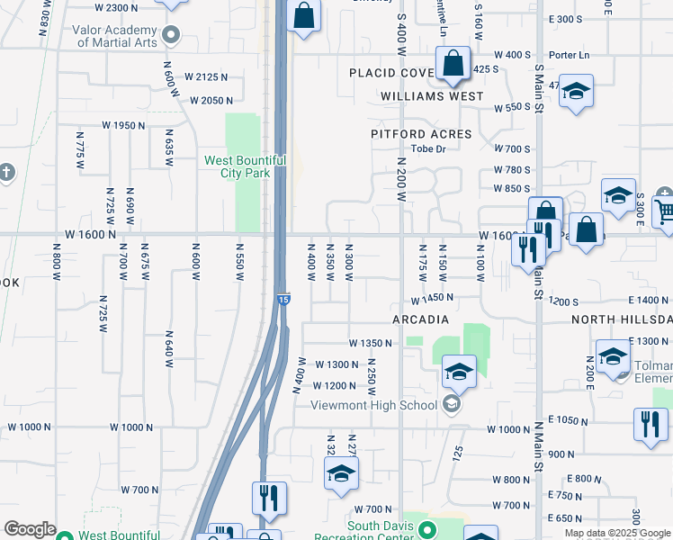 map of restaurants, bars, coffee shops, grocery stores, and more near 1500 North 350 West in Bountiful
