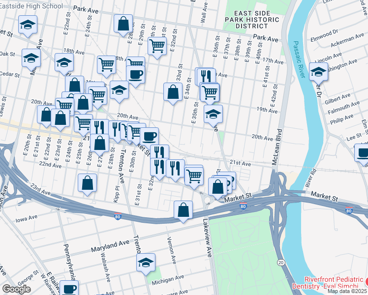 map of restaurants, bars, coffee shops, grocery stores, and more near 700 21st Avenue in Paterson