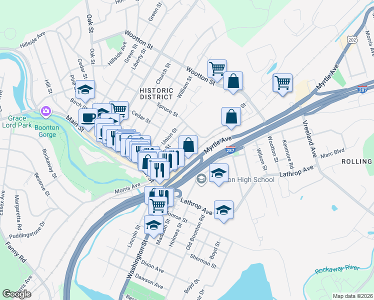 map of restaurants, bars, coffee shops, grocery stores, and more near 250 Myrtle Avenue in Boonton