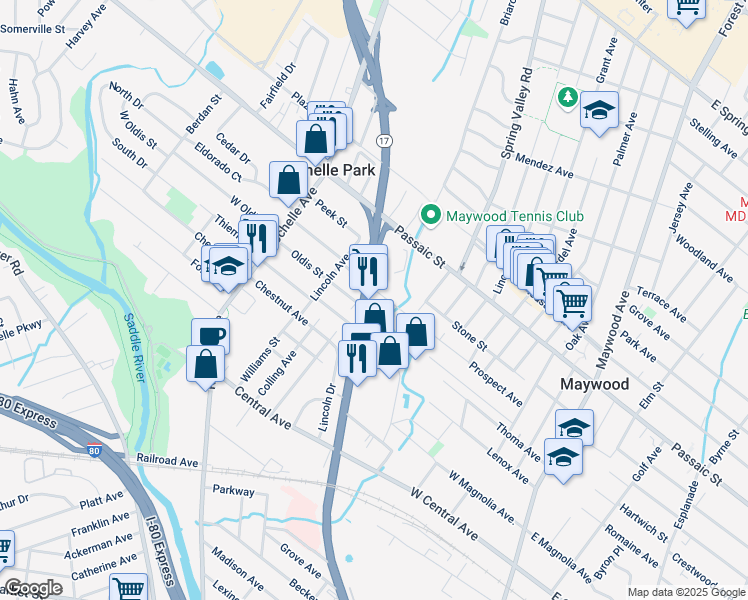 map of restaurants, bars, coffee shops, grocery stores, and more near 194 New Jersey 17 in Rochelle Park