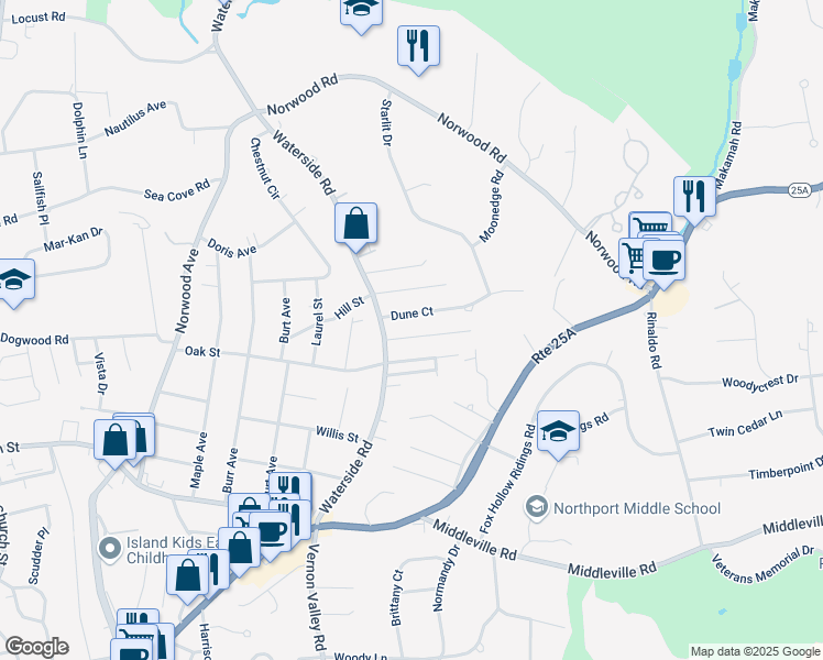map of restaurants, bars, coffee shops, grocery stores, and more near 6 Forester Court in Northport