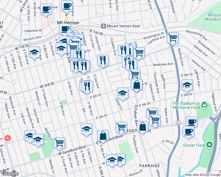 map of restaurants, bars, coffee shops, grocery stores, and more near in Mount Vernon
