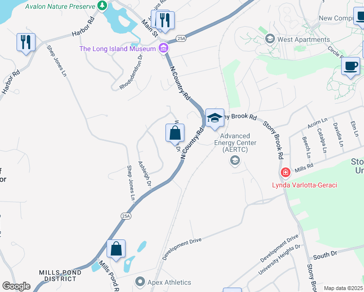 map of restaurants, bars, coffee shops, grocery stores, and more near 1 Wellington Drive in Stony Brook
