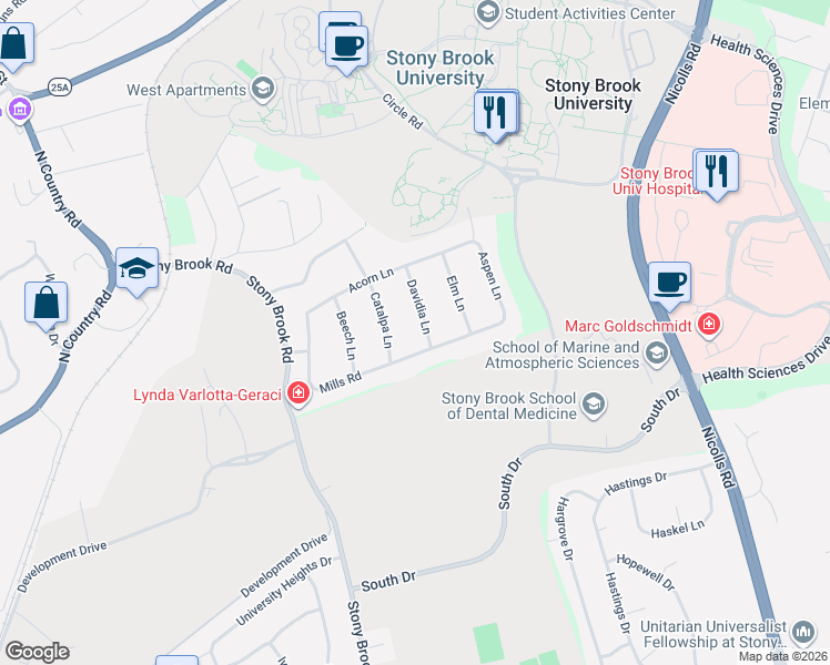 map of restaurants, bars, coffee shops, grocery stores, and more near 40 Mills Road in Stony Brook