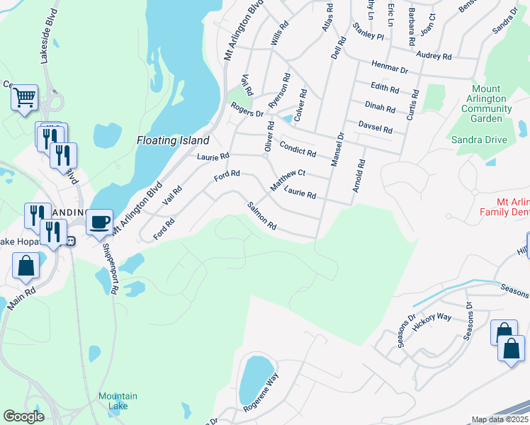 map of restaurants, bars, coffee shops, grocery stores, and more near 27 Salmon Road in Roxbury Township