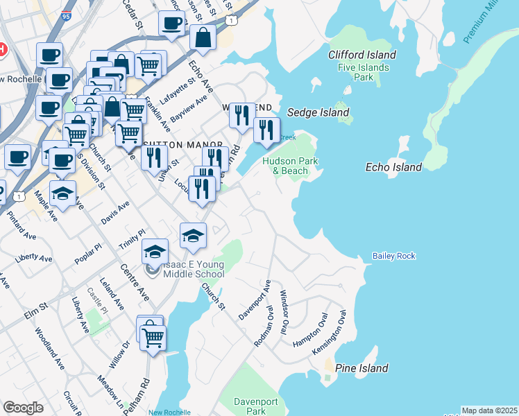 map of restaurants, bars, coffee shops, grocery stores, and more near 43 Davenport Avenue in New Rochelle