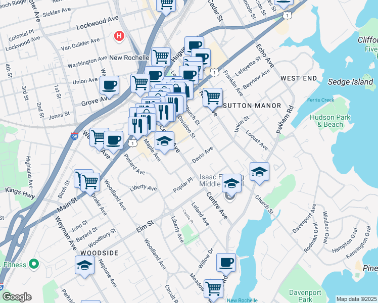 map of restaurants, bars, coffee shops, grocery stores, and more near 167 Centre Avenue in New Rochelle