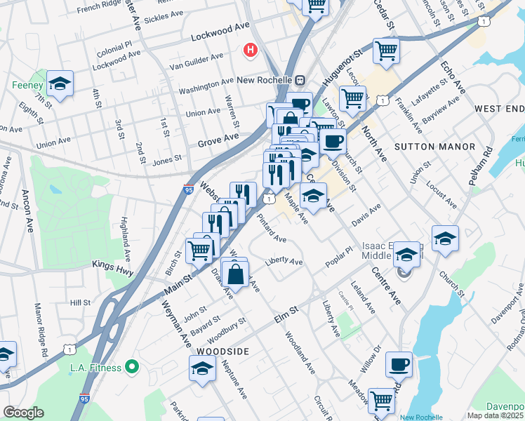 map of restaurants, bars, coffee shops, grocery stores, and more near 16 Pintard Avenue in New Rochelle