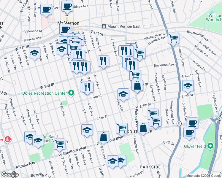 map of restaurants, bars, coffee shops, grocery stores, and more near in Mount Vernon