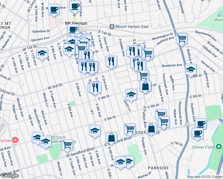 map of restaurants, bars, coffee shops, grocery stores, and more near in Mount Vernon