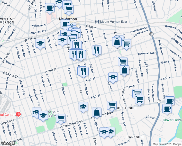map of restaurants, bars, coffee shops, grocery stores, and more near 260 South 2nd Avenue in Mount Vernon