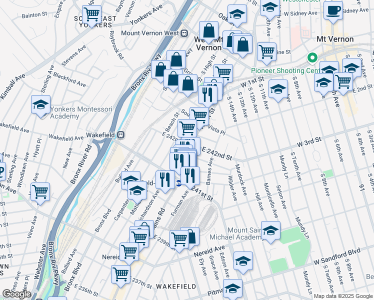 map of restaurants, bars, coffee shops, grocery stores, and more near 4759 White Plains Road in The Bronx