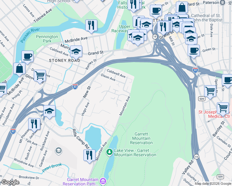map of restaurants, bars, coffee shops, grocery stores, and more near 132 Quartz Lane in Paterson