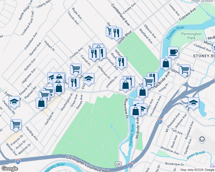 map of restaurants, bars, coffee shops, grocery stores, and more near 222 Totowa Road in Totowa