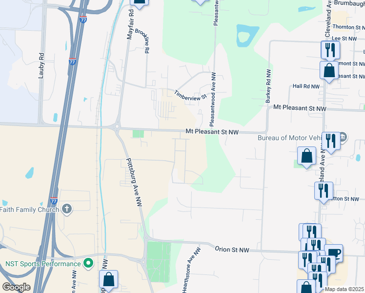 map of restaurants, bars, coffee shops, grocery stores, and more near 3817 Mount Pleasant Street Northwest in North Canton