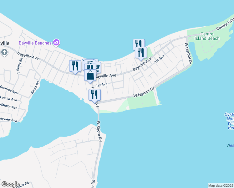 map of restaurants, bars, coffee shops, grocery stores, and more near 29 15th Street in Bayville