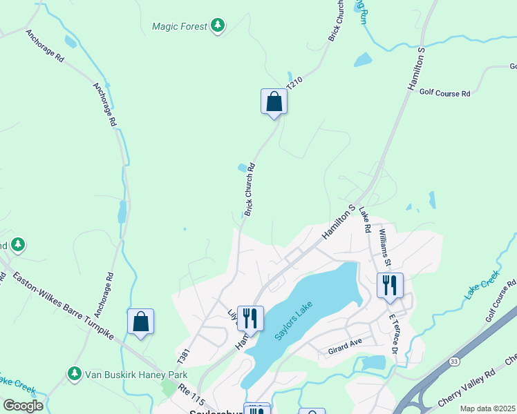map of restaurants, bars, coffee shops, grocery stores, and more near 242 Brick Church Road in Saylorsburg
