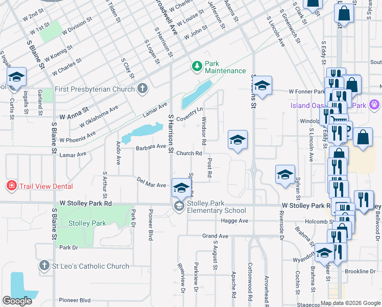 map of restaurants, bars, coffee shops, grocery stores, and more near 1601 Spring Road in Grand Island