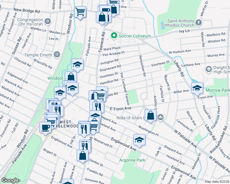 map of restaurants, bars, coffee shops, grocery stores, and more near 68 Intervale Road in Teaneck