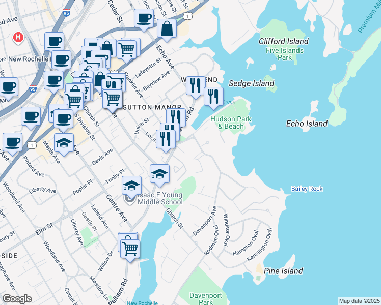 map of restaurants, bars, coffee shops, grocery stores, and more near 15 Davenport Avenue in New Rochelle