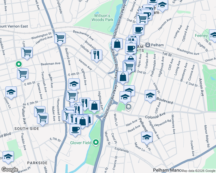 map of restaurants, bars, coffee shops, grocery stores, and more near 405 Warwick Avenue in Mount Vernon