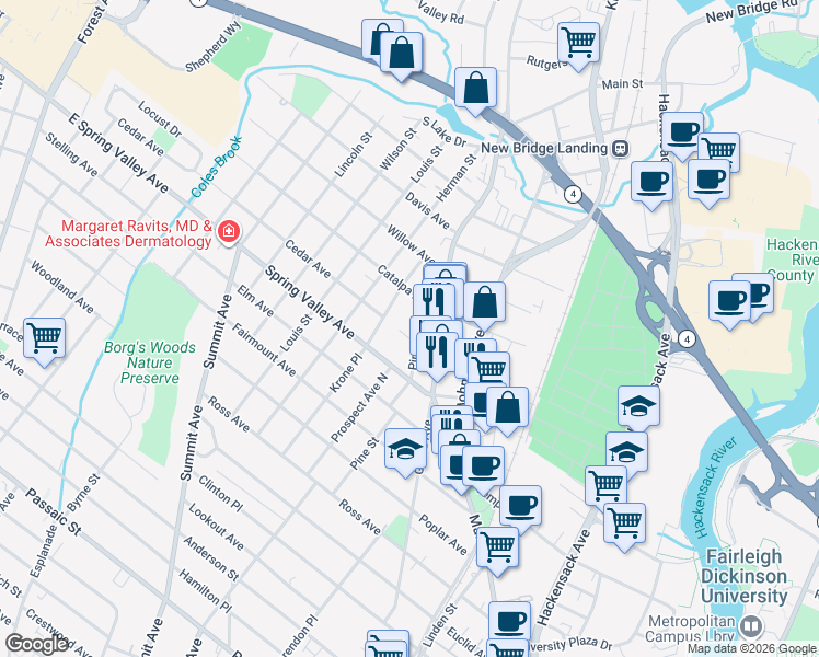 map of restaurants, bars, coffee shops, grocery stores, and more near 150 Pine Street in Hackensack