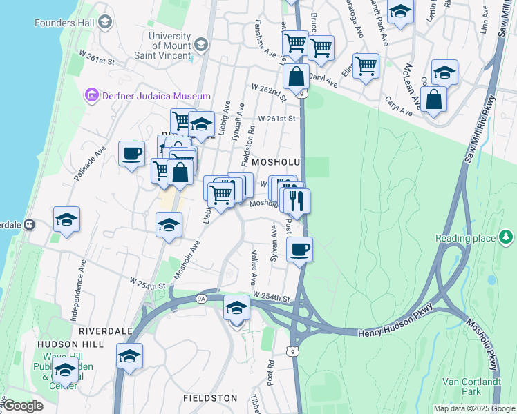 map of restaurants, bars, coffee shops, grocery stores, and more near 5737 Faraday Avenue in Bronx